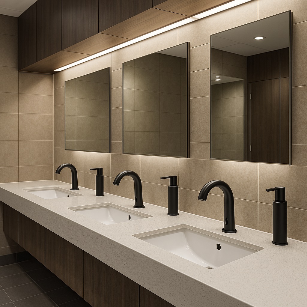Bathroom plumbing fixtures including touchless faucets and dispensers in a commercial restroom